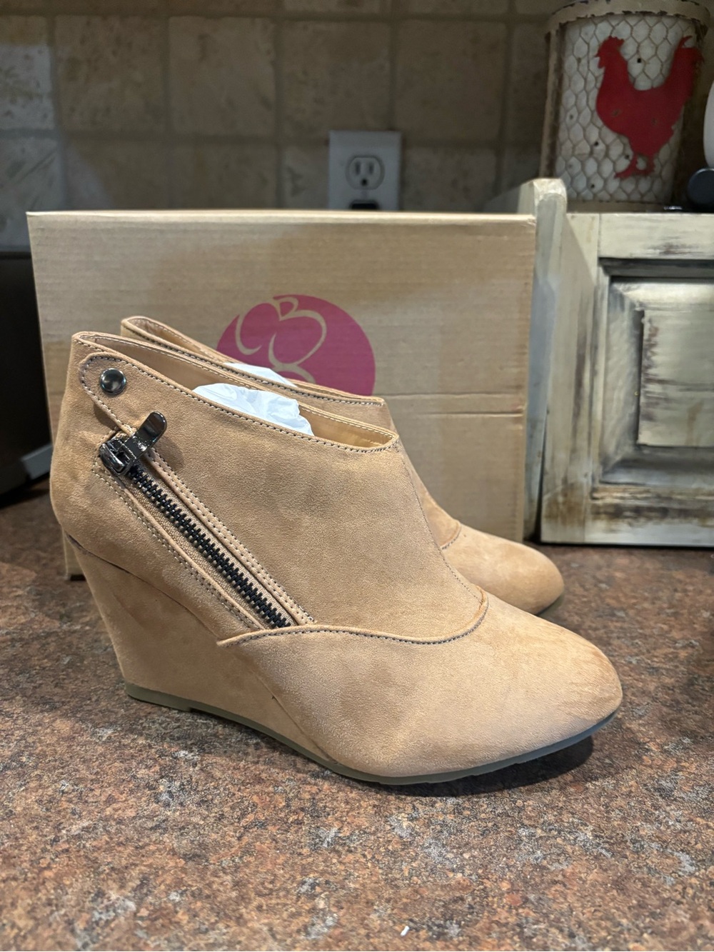 Bella Marie Tan Suede Wedge Ankle Booties with Side Zip